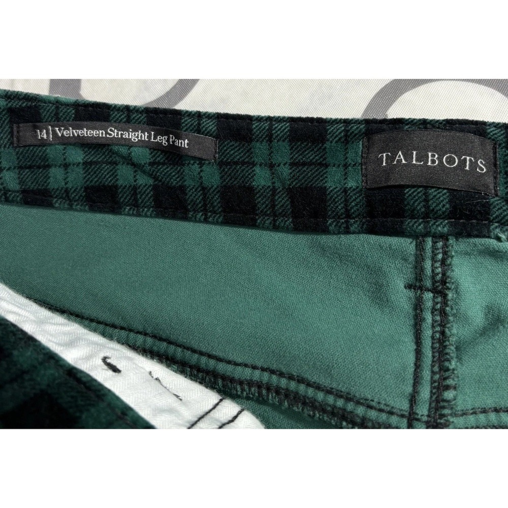 TALBOTS Velveteen Straight Leg Slimming Green Black Plaid Party Casual Pants 14 - Picture 4 of 9